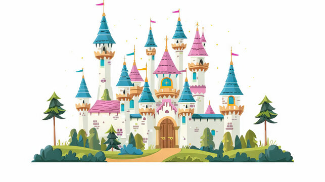 Fantasy Castle Banner: Magical Castle Banner for Kids' Parties. Isolated Premium Vector. White Background