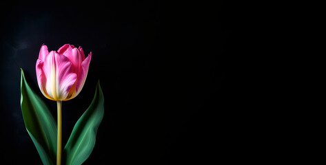 Fototapeta premium Fresh spring pink flowers banner tulip on black solid backgroung free space for text green leaves march 8 mother's day botany floral