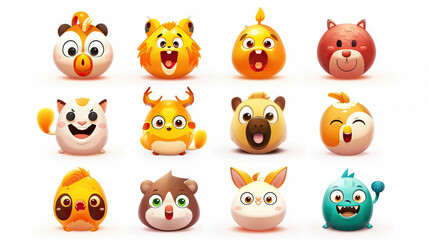 Obraz na płótnie Canvas Cute Animal Emoticons: Expressive Animal Faces for Messaging Apps. Isolated Premium Vector. White Background
