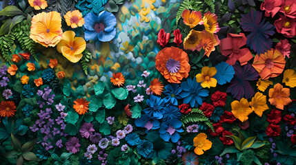 a painting of many different colored flowers and leaves - obrazy, fototapety, plakaty