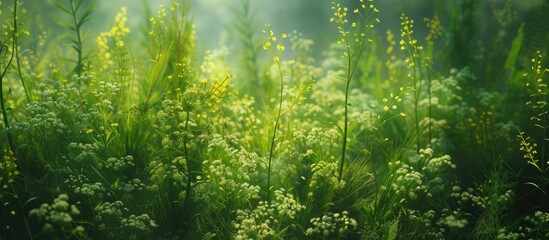 Fototapeta premium A vibrant field of green grass dotted with bright yellow flowers under the spring sunlight.