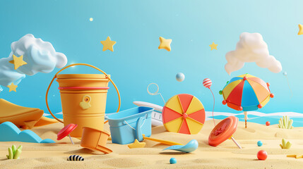 A set of beach toys, including a bucket and shovel, a frisbee, and a kite, ready for some fun in the sun.