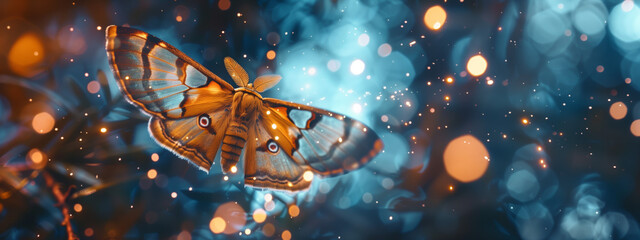 Fototapety  Majestic Moth with Glowing Translucent Wings. Close-up of a stunning moth with illuminated wings against a magical bokeh background.
