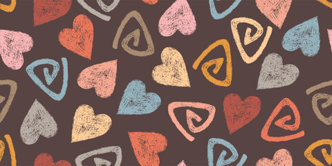 Asymmetric Seamless Pattern of Hand-Drawn Bright Scribbles and Hearts on Dark Background. Style of Children's Drawing.