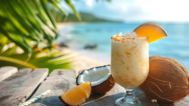 Tropical cocktail with coconut on the wooden table the palm trees and beach background