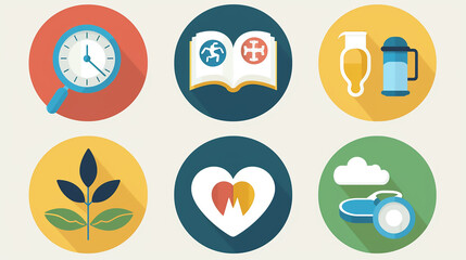 A set of wellness program icons such as a wellness coach, a wellness workshop, and a wellness seminar, representing health initiatives.