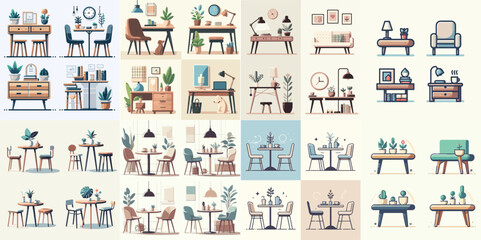 Vector set of tables and chairs with a simple and minimalist flat design style