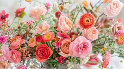 A ceramic vase is overflowing with numerous pink and orange flowers, creating a vibrant and colorful display