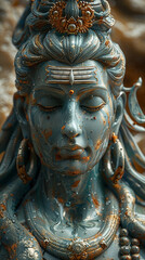 Lord Shiva statue close up portrait. Young handsome indian god. AI Generative