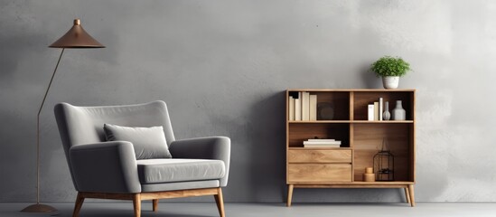 A room with a grey living room interior featuring an armchair, a bookshelf, a lamp, a wooden drawer with books, decorations, and a blank canvas frame on a grey wall. The room has a concrete floor.