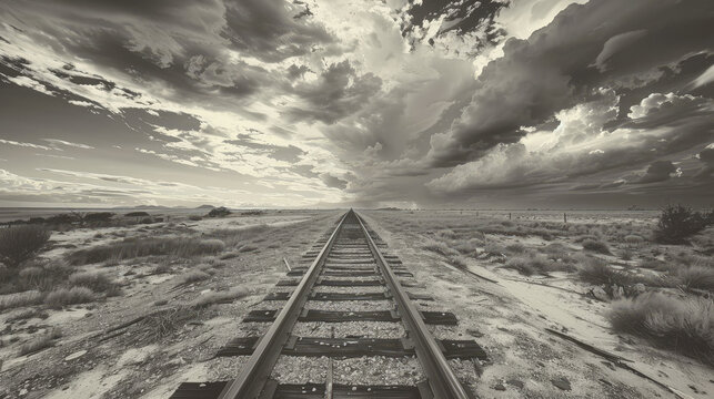 A black and white image of a train track stretching into the distance, with wooden ties and metal rails. The track disappears into the horizon with no trains in sight