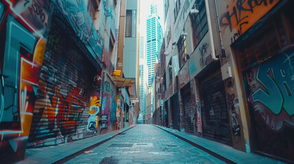 Narrow city street filled with colorful graffiti covering every surface, creating a chaotic and...
