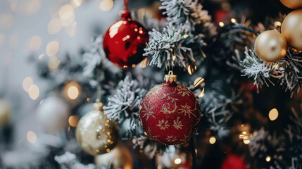A detailed view of a decorated Christmas tree showcasing various colorful ornaments like balls, stars, and lights