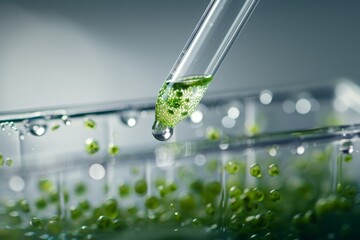 Algae Plaint and Pipette Over Test Tube, Dropping Sample Chemical into Green Tubes, Biotechnology