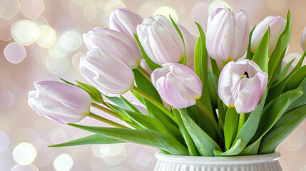 A white vase brimming with numerous pink tulips, creating a vibrant and colorful display