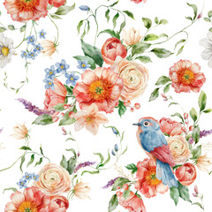 Watercolor floral seamless pattern of peonies, forget-me-not, ranunculi and song bird. Hand painted composition isolated on white background. Flowers Illustration for design, print or background. - 748299746