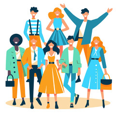 Group of fashion women and men in trendy clothes. Vector illustration.