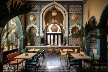 Fototapeta na wymiar Marocco Cafe Design, Bohem Cool Restaurant in African Style, Maroccan Cafe Interior