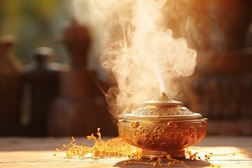Incense Burning, Traditional Aroma Incense Smoke, Arabian Bakhoor Burning, Generative AI Illustration
