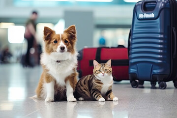 Pet Travel, Cat Vacation, Dog Tourist, Cat and Dog next to Luggage