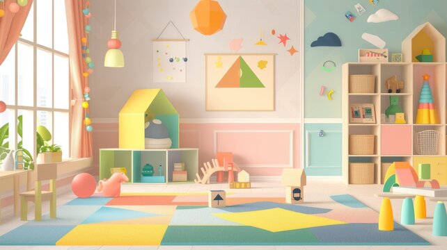 well-organized children's playroom with colorful toys and decorations, evoking joy and creative play