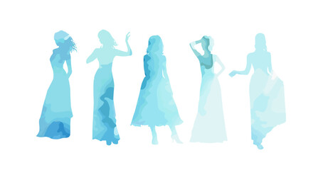 Silhouettes of girls in evening dresses. Fat and thin women. hand drawing. Not AI, Vector illustration