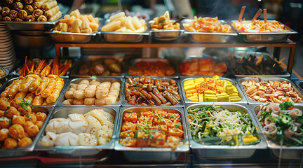 Asian food display at  street market  - obrazy, fototapety, plakaty
