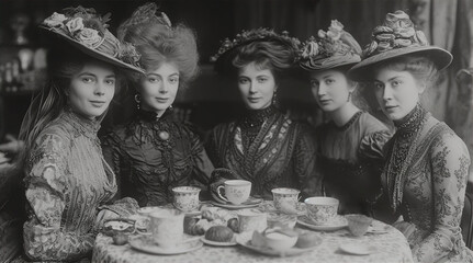 Group photo of women in hats in cafe, vintage photo 1880, 19th century fashion and life style - 748300587