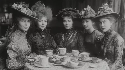 Foto op Canvas Group photo of women in hats in cafe, vintage photo 1880, 19th century fashion and life style © IRStone