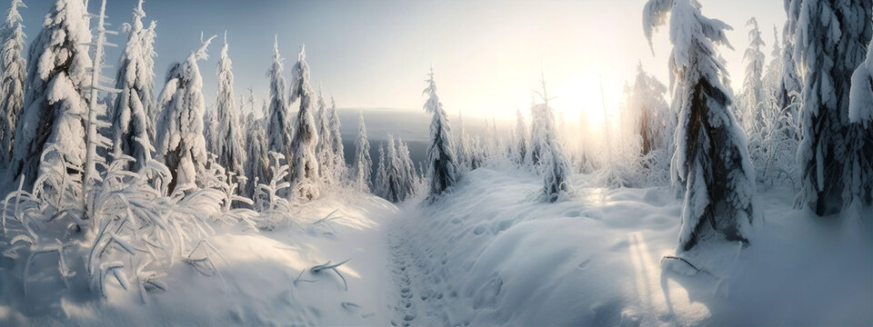 Taiga of Siberian landscape in  in winter with snow, pine trees at sunset