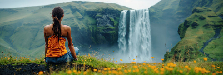 Frau sitzt auf einer Blumenwiese an einem traumhaft schönen Wasserfall, Generative AI