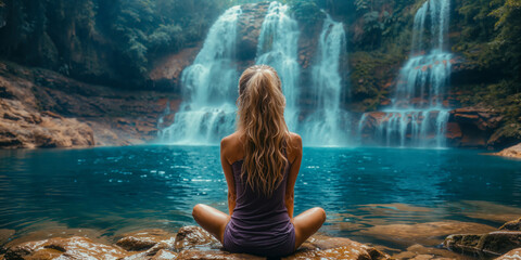 Blonde Frau sitzt entspannt an einem kleinen See mit Wasserfall, Generative AI