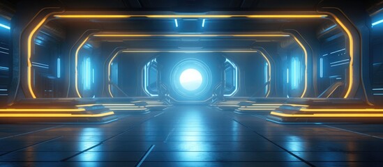 Within a futuristic sci-fi setting, concrete walls and floors are adorned with blue and yellow glowing neon tubes. The environment exudes a sleek and modern aesthetic,