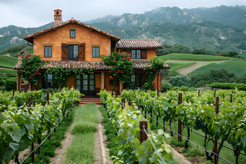 A picturesque vineyard with rows of grapevines and a charming farmhouse.