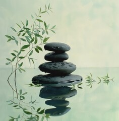 a large stack of black stones reflects water with leaves