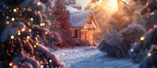 A house covered in snow, brightly lit with numerous lights creating a festive and warm atmosphere during the winter holidays.