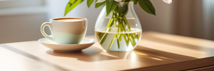 Sunlight morning breakfast cup mug of coffee cappuccino with glass vase flowers on wooden table light comtemporary interrior