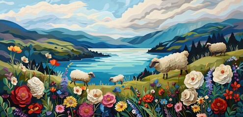 a painting of sheep grazing on the hills beside the lake with flowers in the background
