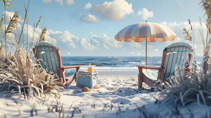 Beach chairs, a beach umbrella, and a cooler filled with drinks, inviting viewers to imagine a leisurely day at the shore. - obrazy, fototapety, plakaty