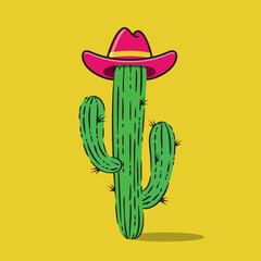 Vector cartoon cowboy cactus plant with hat - 748301956