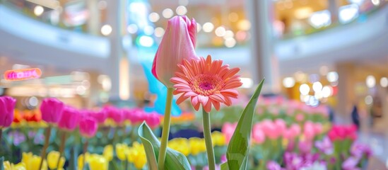Spring Flowers and tulips flowers in a mall - obrazy, fototapety, plakaty