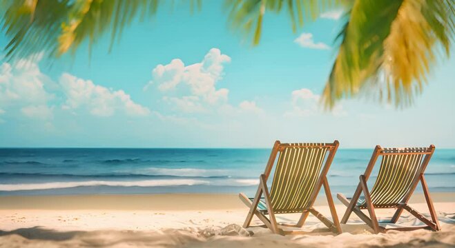 beach chairs with beach and palm background 