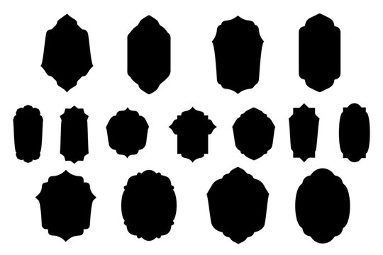 Islamic door and window shapes set. Vintage frame and retro sticker label. Arabic vintage arch windows and doors in traditional silhouettes. Architecture eastern door elements.