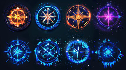 Holographic compass icons pointing in different directions, illustrating travel navigation and adventure. - obrazy, fototapety, plakaty