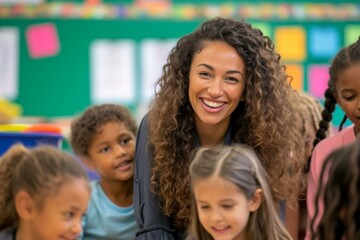 Fototapeta premium A teacher with children in a classroom. Generative AI.