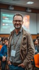 Fototapeta premium A man in glasses standing in front of a crowd. Generative AI.