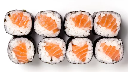 Gordijnen Top view of  eight pieces of salmon sushi maki on a white background © Jakob