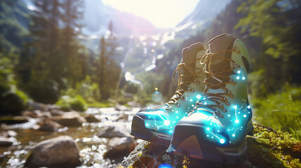 Holographic hiking boot icons on a nature background, symbolizing adventure travel and hiking trips. - obrazy, fototapety, plakaty