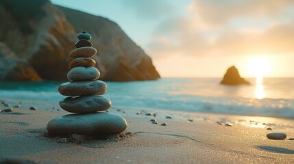 A stack of stones on the beach at sunset. Generative AI.