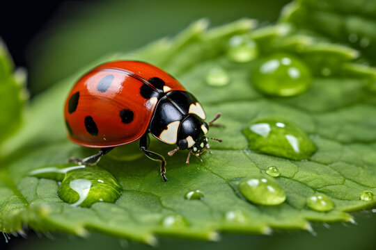 Nature's Gem: Ladybug Basking in the Morning Dew